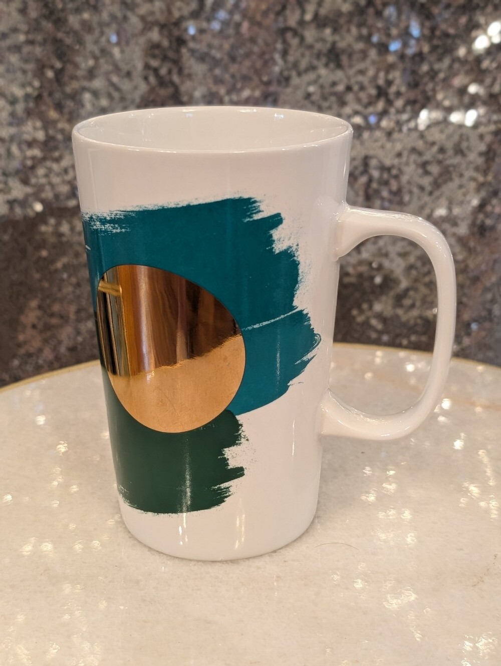 Starbucks Tall Ceramic Coffee Mug β Teal Brushstroke & Metallic Gold Circle 2024